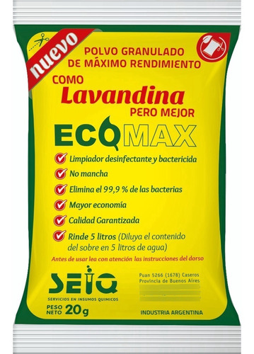Lavandina 5 Lts Sobre Polvo Preparar Ecomax Concentrada 40un