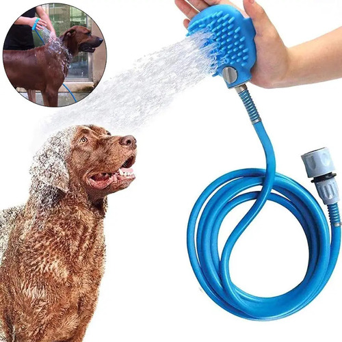 Mangueira Escova Para Pet Cães Gatos Luva Banho Azul