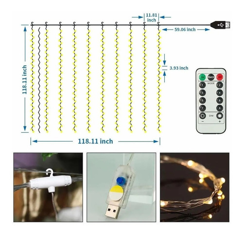 Imagen 4 de 9 de Cortinas Decorativas Luz Led Control Remoto 3x3m 300 Leds