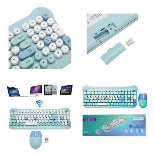 Teclado Y Mouse Kawaii Inalámbrico Celeste Tacto Suave