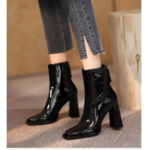 Botines Mujer Tacón Alto Cremallera Trasera Charol