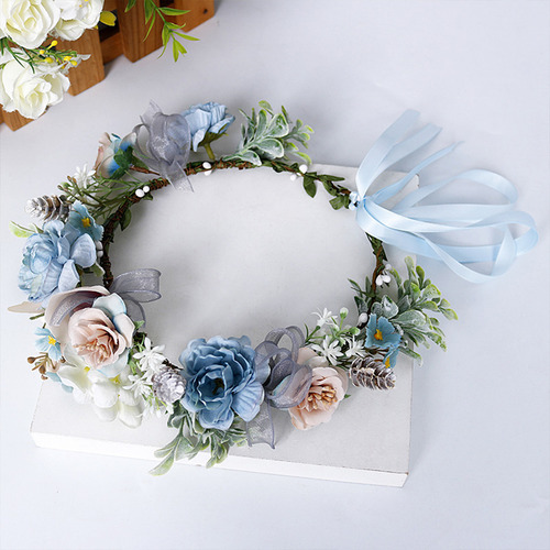 Diadema Con Forma De Corona De Flores Azules Artificiales En