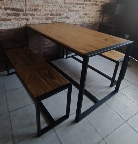 Imagen 6 de 6 de Mesa Comedor Industrial 140x80 + 2 Bancos Madera Hierro Bar