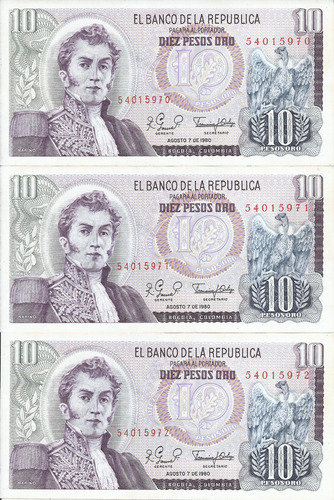 Colombia Trío De Números Consecutivos,10 Pesos 7 Agosto 1980