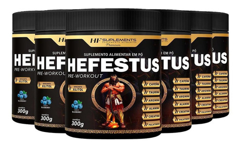 Kit 6x Hefestus Pre Treino Hf Suplements Blueberry 300g