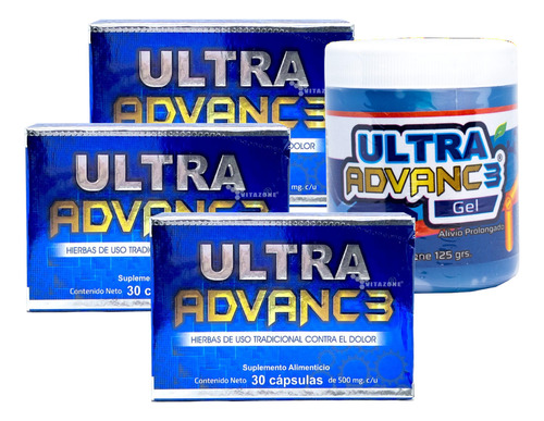 Ultra Advance 3 Cajas 30 Caps 500mg + Gel 125g Ciatica Artri