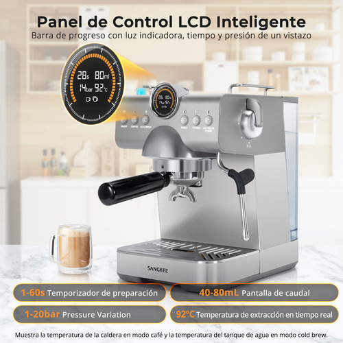 Sangkee Máquina de espresso con Cold Brew, Cafetera Espresso Profesional con Varilla de Vapor para Espumar Leche para Lattes y Capuchinos, Máquina de Café Espresso con Pantalla LED (Acero Inoxidable)