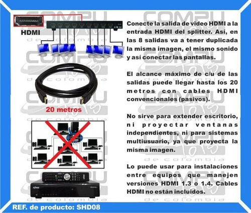 Imagen 3 de 6 de Multiplicador Hd Electrónico 1x8 Ref: Shd08 Computoys Sas