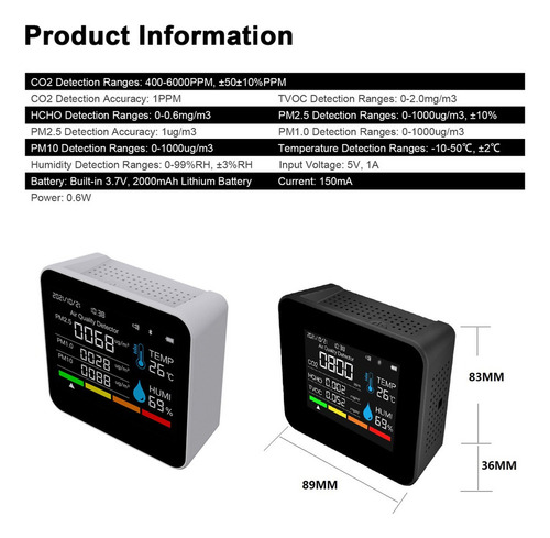 Testador De Qualidade Do Ar 9 Co2 Air Bt In 1 Monitor De Qua