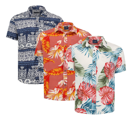 Paquete 3 Camisas Hawaianas Manga Corta Hombre Playa Fresca