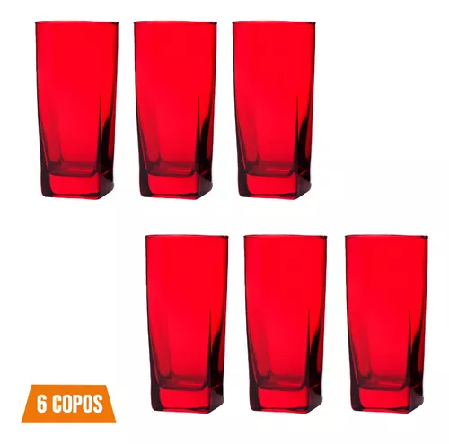 Jogo De Copos Chiques Vidro Quadrado 320ml Vermelho Luxo