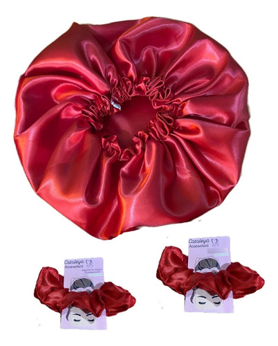 Gorro Antifrizz Cofia De Saten + 2 Colita Scrunchie Regalo Rojo
