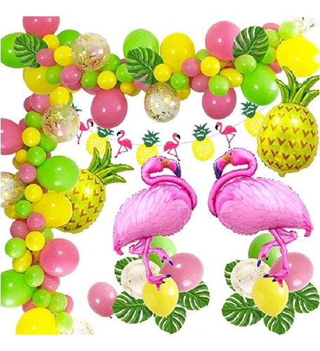 Nuevo Kit Decoración Fiesta Hawaiana Flamencos Latex Globos