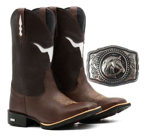 Imagem 1 de 4 de Bota Texana Masculina Boi Vazado Café Com Brinde Fivela