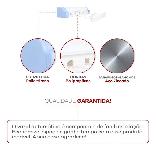 Varal Automático Rotoflex Resistente 5 Cordas Retrátil Cor Preto