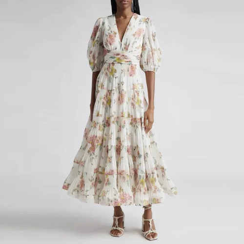 Vestido Midi Con Dobladillo Y Volantes Con Mangas Abullonada