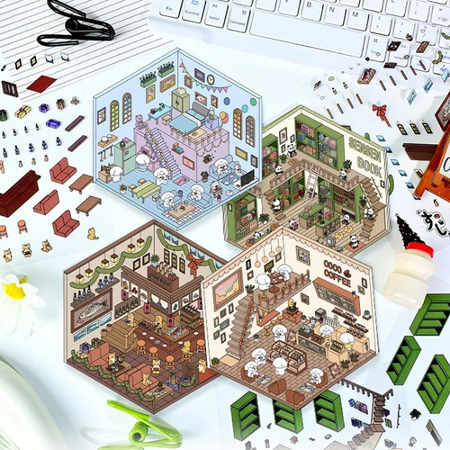4 Juegos De Hermosas Pegatinas Divertidas Escena Isométrica