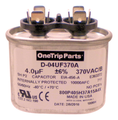 Duracap Ee. Uu. Run Capacitor 4 uf  4 mfd 370 vac Flat Oval