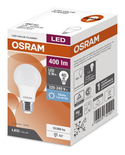 Pack X 10 Lámpara Led Osram 5w Luz Fria E27
