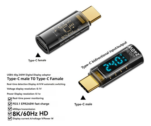 Adaptador B8 C A C Otg, 240 W, Usb 4, Pantalla Digital Charg