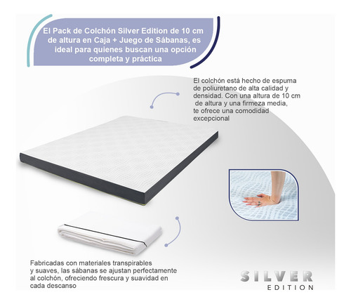 Colchón King Size En Caja 10 Cm Altura + Juego De Sábanas Blanco Con Gris