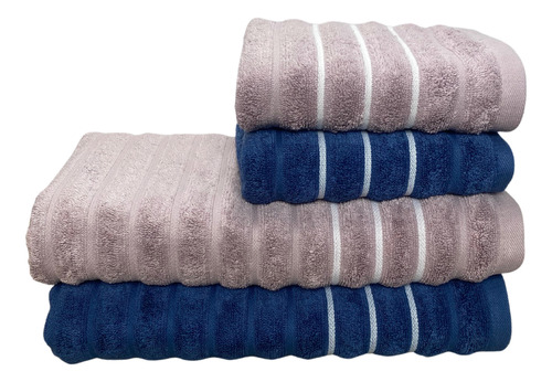 Jogo Toalha Banhão 4pç Volumosa Jacquard Ondulada Wave 450gm Cor Rosa E Azul