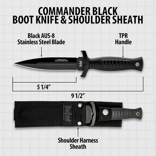 Daga Combat Commander Para Hombro O Cinturon Acero Aus-8 Negro