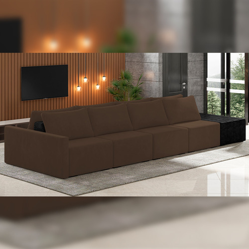 Sofá Ilha Modular Para Sala 392cm com Puff Dublin K01 Veludo Marrom e Sintético Preto