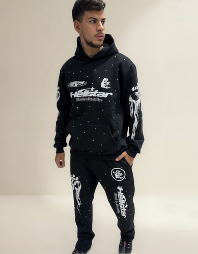 Conjunto Hellstar Drip Negro Buzo + Pantalon Frisado Hombre