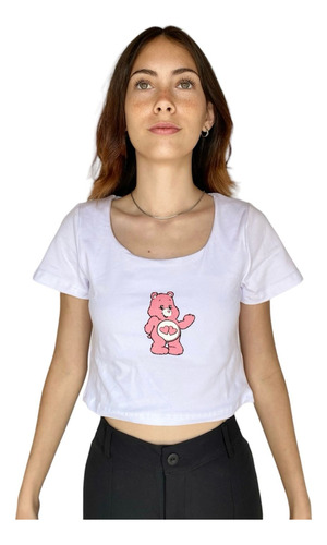 Remera Crop Top Manga Corta Algodon Estampa Osito Talle 1