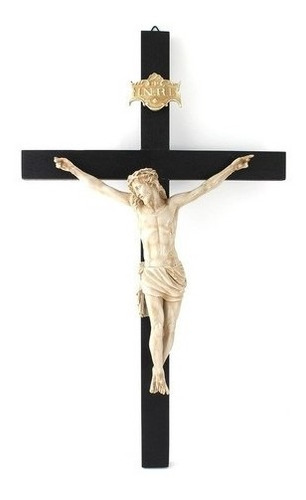 Imagem 2 de 3 de Crucifixo Para Parede Madeira Imagem De Resina 60cm