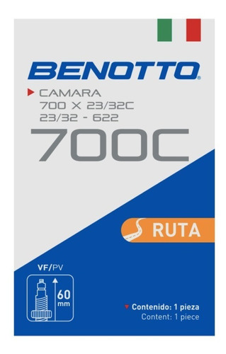 Camara Para Bicicleta Benotto 700x23/32c Ruta V.f. 60 Mm Tipo De Válvula Presta