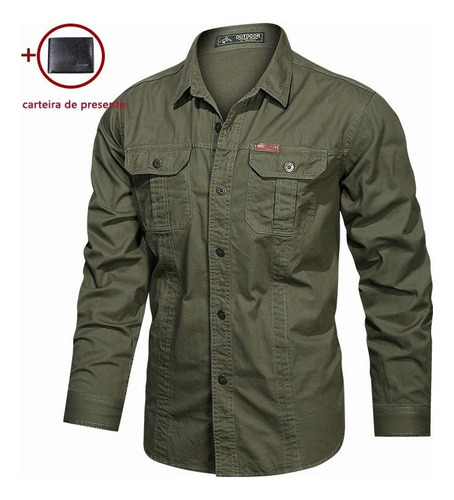 Camisa Militar Masculina De Manga Comprida Com Botões