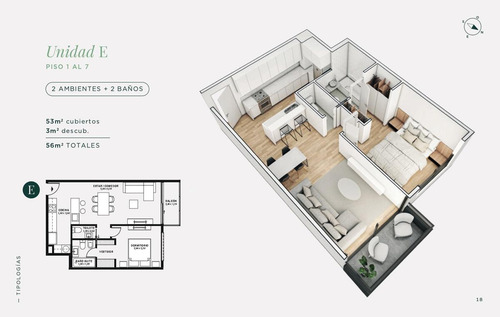Imagen 2 de 15 de Departamento De 2 Ambientes De 56 Mts Totales Con Balcón Y Cochera Fija Opcional.