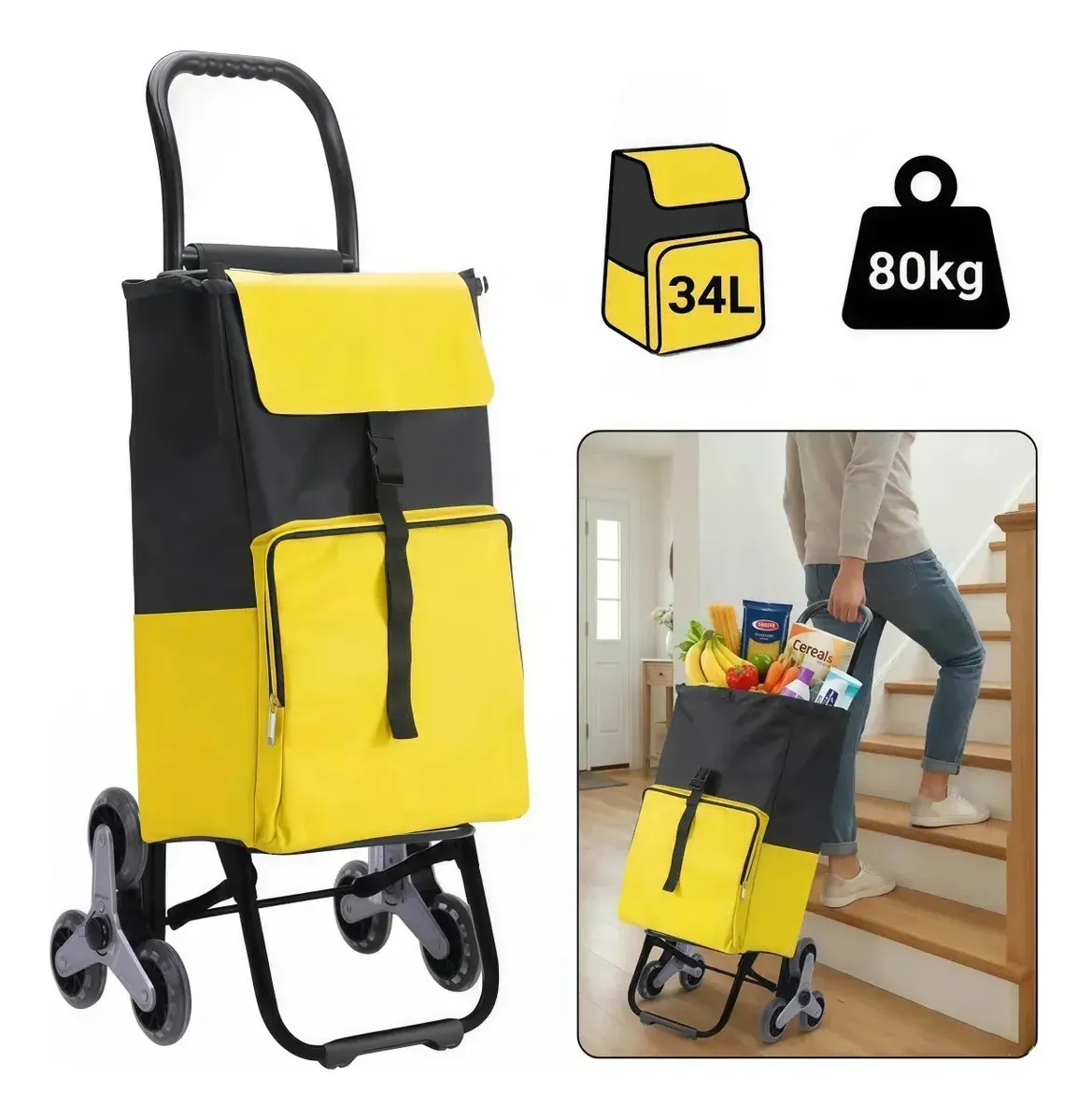 Carrinho De Compras Dobrável Sobe Escada Com Bolsa Térmica Frontal Rodas Triplas Feira Supermercado Reforçado Em Aço Oxford 600d Resistente 34 Litros