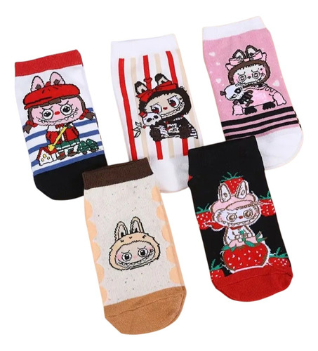5 Pares De Calcetines Labubu Multicolor Modelo#2 Estampado Fresita Unitalla