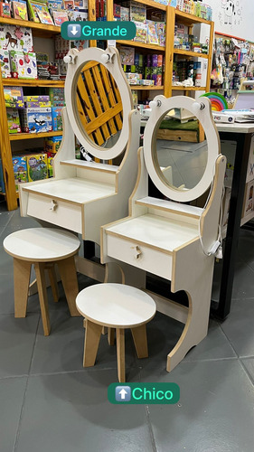 Tocador Grande Con Luces Infantil Madera + Silla Banco Juego