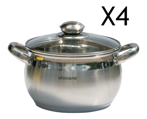 Cacerola Con Tapa Vidrio Acero Inox 5l Vincent 22cm Pack 4