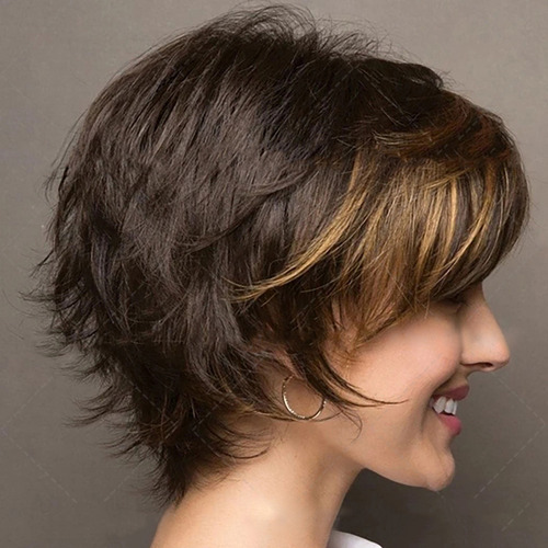 Peruca De Cabelo Curto Em Camadas Onduladas Com Franja - Sin