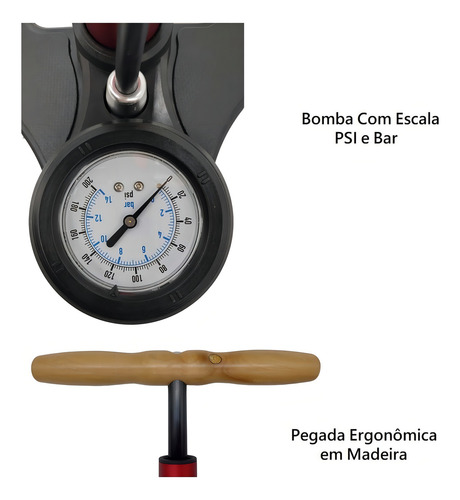 Bomba De Ar Pé Tripé Tsw Em Alumínio 160 Psi Com Manômetro Cor Vermelho