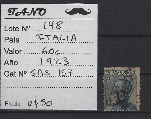 Lote148 Italia 60 Centesimi Año 1923 Sassone#157 Azul 