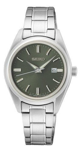 Reloj Seiko Mujer Calendario Cristal Zafiro Sur533 P1 Malla Plateado Bisel Plateado Fondo Verde