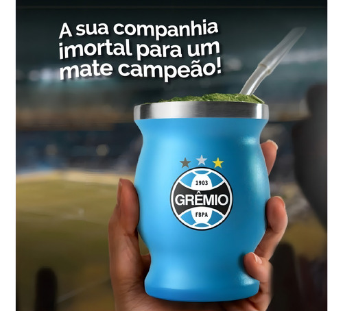 Bomba de acero inoxidable Cuia Grêmio + Chimarrão Mate en caja, soporte para hierbas blancas, taza de primavera de 19 cm