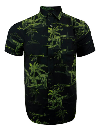 Retro Rifle Hawaiian Palm Od Camisa Verde - Grande