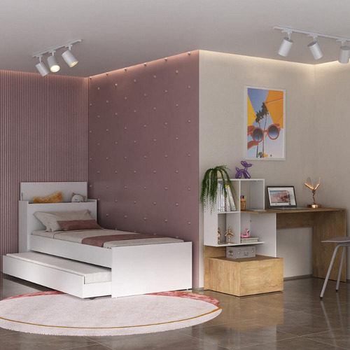 Bicama para Colchão 78x188cm com Baú Embutido e Escrivaninha Multimóveis MP4368 Branco/Madeirado