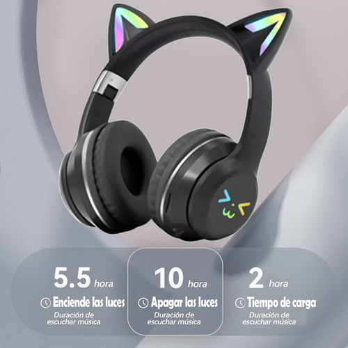 Audífonos Orejas De Gato Bluetooth Led Diadema Ninos Wwawwo Negro