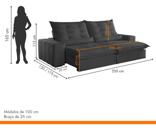 Sofá Retrátil E Reclinável Com Catraca Blindada 250cm Wt