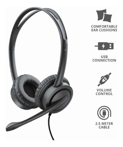 Audífono Trust Mauro Conexión Usb Para Pc Y Laptop 2.5 Mt