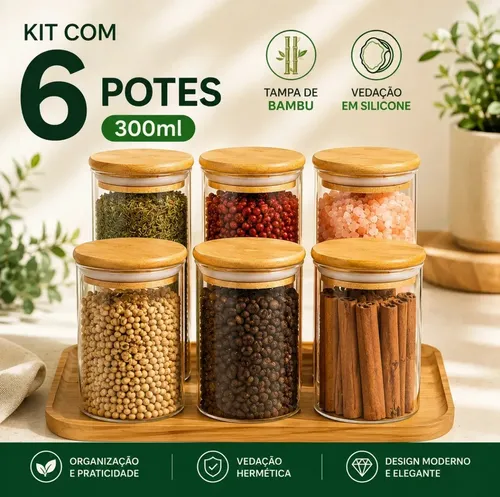 Kit 6 Pote Tampa De Bambu 300ml Hermético Vidro Borossilicato Porta Temperos Mantimentos Alimentos Redondo Cor Transparente Bravli