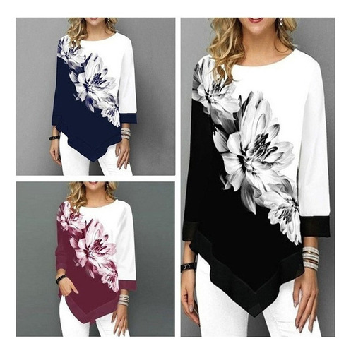 Blusa Estampada Floral De Mujer De Moda Talla Grande 3/4